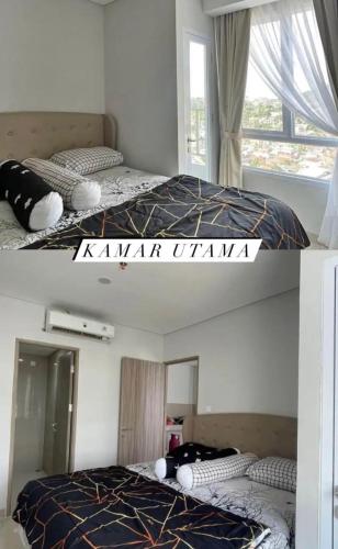 two pictures of a bedroom with two beds at Apartment The Bay AisBeLL in Kuala