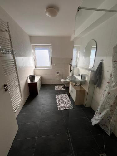 a bathroom with a sink and a toilet and a shower at Wohnungen bei Post in Hünfelden