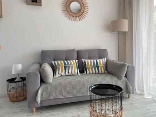 - un salon avec un canapé gris et un miroir dans l'établissement Appartement 2 pièces, 1 chambre, terrasse, à Gujan-Mestras