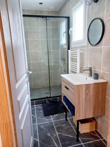 une salle de bain avec une douche, un lavabo et un miroir dans l'établissement La petite maison des écureuils, à Mios