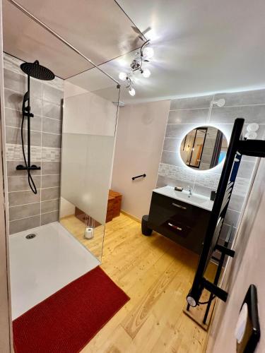 a bathroom with a shower and a sink and a mirror at Maison d'Hôtes Ty Belle in Saint-Guen