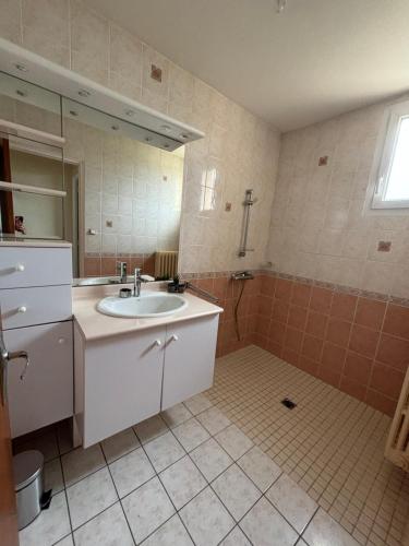 une salle de bain avec un lavabo et une douche dans l'établissement Maison de vacance Talmont st hilaire, à Saint-Hilaire-de-Talmont