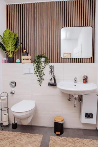 a bathroom with a toilet and a sink and a mirror at sunny & cozy - Netflix - WIFI - City - 4 Person in Essen