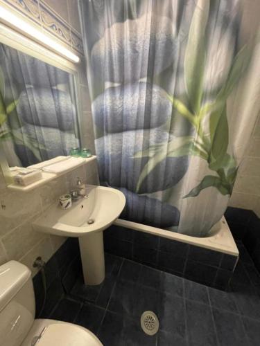 a bathroom with a sink and a shower curtain at Sapphire View - ONLY 4 meters away from the sea in Megalochori