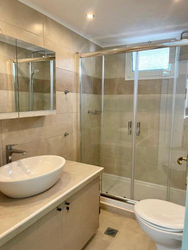 a bathroom with a shower and a sink and a toilet at Villa Sikia in Katokhórion