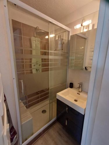 une salle de bain avec douche et lavabo dans l'établissement Sortie village naturiste - rez de jardin - piscine, au Cap d'Agde