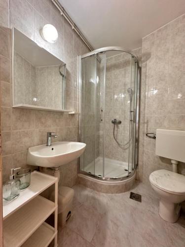 a bathroom with a shower and a sink and a toilet at Villa Porthos in Hvar