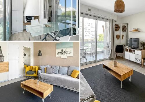 un salon avec un canapé et une table dans l'établissement Évasion Balnéaire à La Grande-Motte, à La Grande Motte