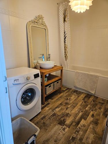 une salle de bain avec une machine à laver et un lavabo dans l'établissement Les Bulles au Féminin, à Chigny-les-Roses