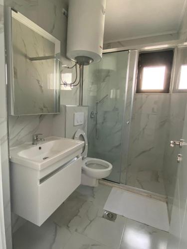 a bathroom with a toilet and a sink and a shower at Nejla Apartmani Stoj in Ulcinj