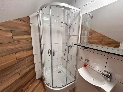 un bagno con doccia e lavandino di BIAŁY DOM - Pokoje do wynajęcia a Rozogi