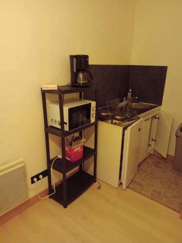 a kitchen with a microwave on a shelf next to a sink at Chambre d'hôte entré indépendante tout équipé in Graulhet