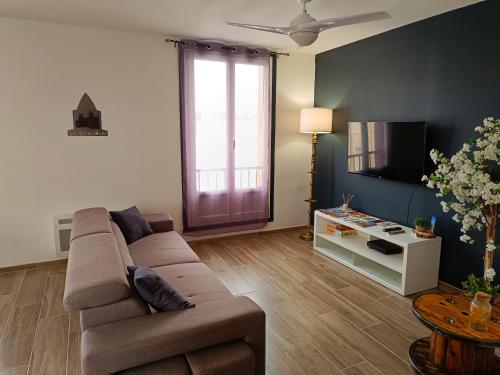un salon avec un canapé et une télévision dans l'établissement La Belle Aude Climatisé, à Carcassonne