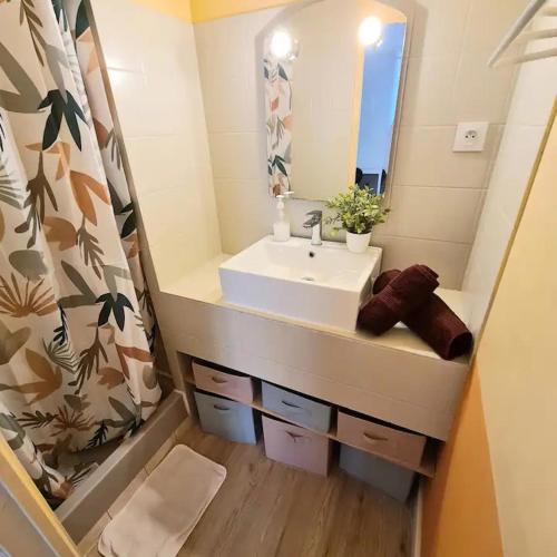 a bathroom with a sink and a mirror at Chez Raphaël - local à vélos au centre historique in Tonnerre
