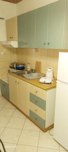 a kitchen with green cabinets and a sink and a refrigerator at Biky's room's in Moudhros