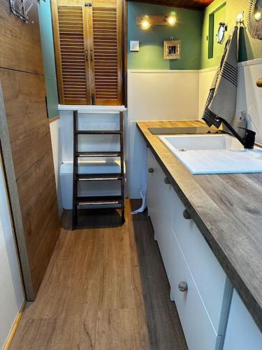 une cuisine avec un évier et un plan de travail dans l'établissement Péniche cocoun, à Valence