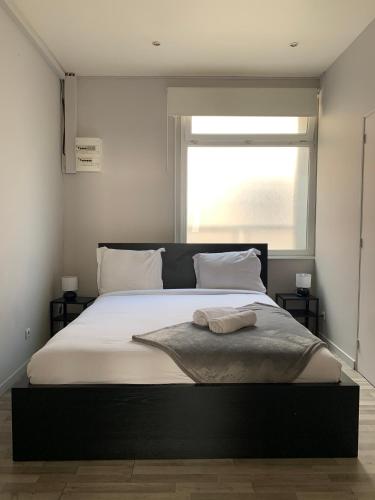 une chambre avec un grand lit avec une fenêtre dans l'établissement Chez Maryline-joli T2 spacieux, à Villeurbanne