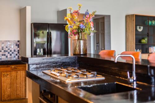 a kitchen with a counter top with a stove top oven at PM78 Boutique Apartments in Willemstad