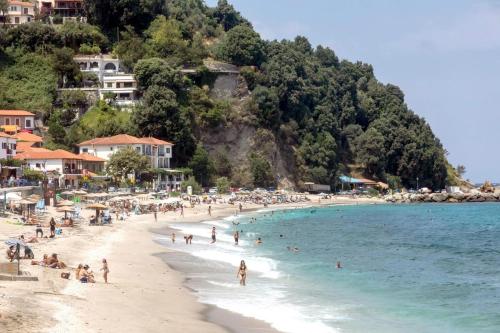a group of people on a beach in the water at Villa Zina in Pelion in Agios Dimitrios