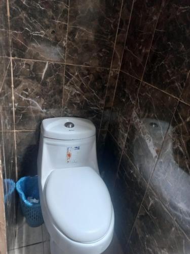 a bathroom with a white toilet in a tiled wall at Departamento frente ala Laguna de cajititlan in Guadalajara
