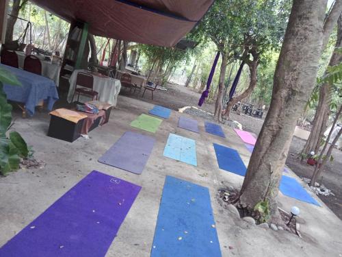 a group of colored mats on the ground under a tree at SECLUDED GLAMPING YOGA SAMADHI fan 2 kubos 8 pax in Rimus