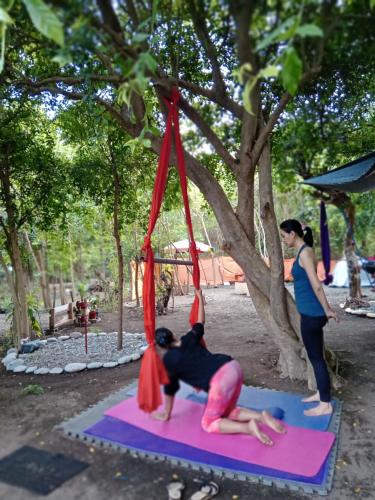 a woman doing yoga with a dog in a tree at SECLUDED GLAMPING YOGA SAMADHI fan 2 kubos 8 pax in Rimus
