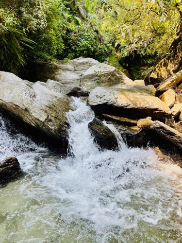 a stream of water rushing over rocks in a river at Tree Bones Camp in Bīr