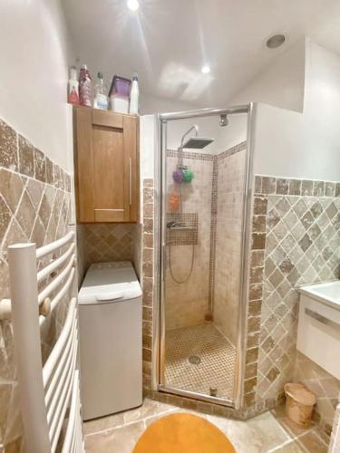 une salle de bain avec une douche, des toilettes et un lavabo dans l'établissement Studio, Piscine, tennis, à Saint-Tropez