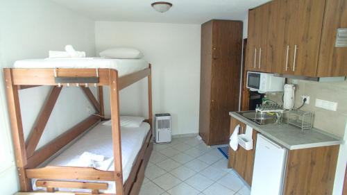 a small kitchen with a bunk bed in a room at Stavros Lay In in Áno Stavrós