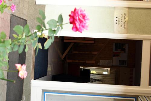 a shelf with a pink flower on top of it at Tinódi Fogadó in Sárvár
