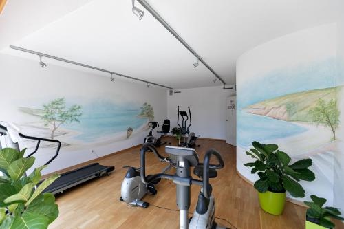 a room with a gym with a painting on the wall at Residenz Ambassador in Leukerbad