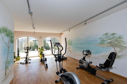 a gym with exercise bikes and a painting on the wall at Residenz Ambassador in Leukerbad
