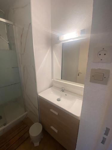 une salle de bain blanche avec un lavabo et un miroir dans l'établissement Appartement La Favière, à Bormes-les-Mimosas
