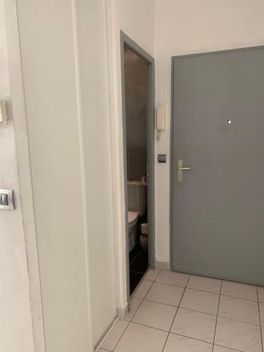 un couloir avec une porte menant à une salle de bains. dans l'établissement Super appartement arboré avec barbecue et parking, à Valence