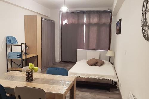 une chambre avec un lit, une table et des chaises dans l'établissement Studio en plein centre Valence, à Valence