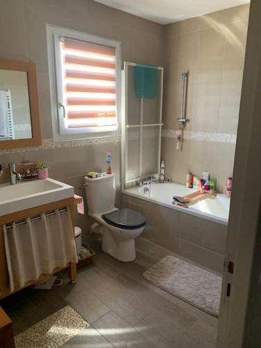 une salle de bain avec toilettes, baignoire et lavabo dans l'établissement Magnifique villa avec piscine, à Saint-Marcel-lès-Valence