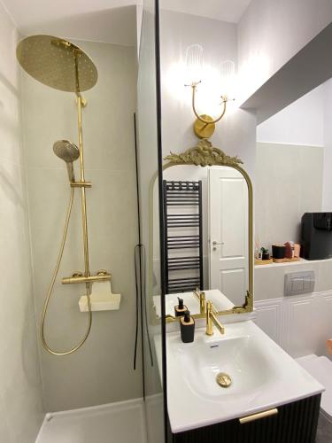 a bathroom with a sink and a shower with a mirror at Studio Luxury Black & White in Alba Iulia