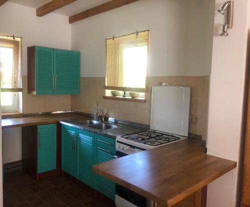 a kitchen with green cabinets and a stove top oven at Zielony Zakątek in Łubno