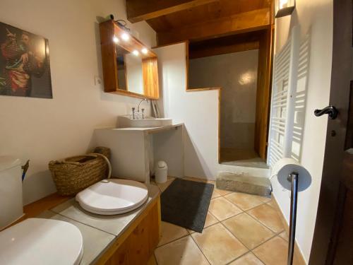 une salle de bain avec toilettes et lavabo dans l'établissement La Petite Grange, pour un séjour écolo-chic !, à Lachapelle-sous-Aubenas