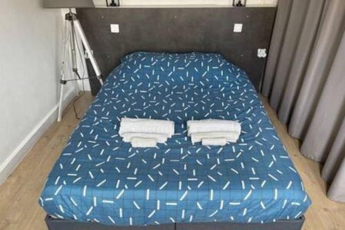 - un lit bleu dans une chambre avec deux oreillers dans l'établissement Bel appartement en cœur de ville, à Agen