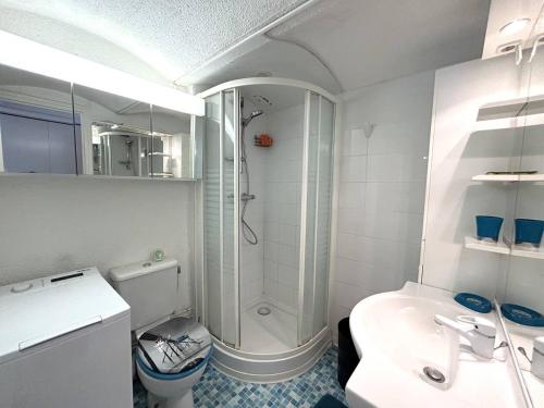 une salle de bain avec une douche, des toilettes et un lavabo dans l'établissement Charmant triplex au bord de l'eau 5VDB29, au Barcarès