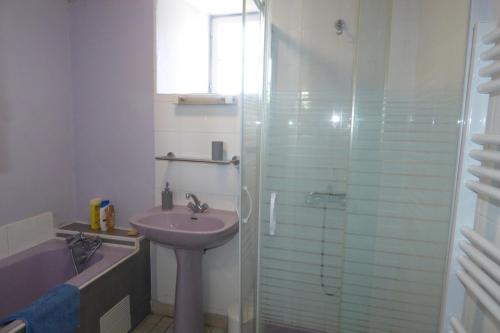 une salle de bain avec un lavabo et une douche en verre dans l'établissement campagnarde, à Quettetot
