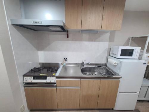 a small kitchen with a sink and a microwave at fleuve tenmonkan in Yamashitachō