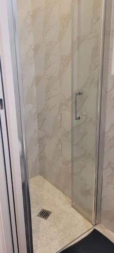 une douche avec une porte vitrée dans une salle de bain dans l'établissement Marais - Place des Vosges, à Paris