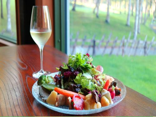 a plate of food with a salad and a glass of wine at Shin Furano Prince Hotel in Furano