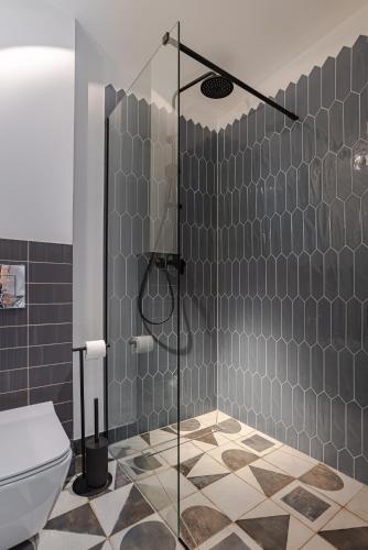 a bathroom with a glass shower with a toilet at Osada Przystanek Czorsztyn in Czorsztyn