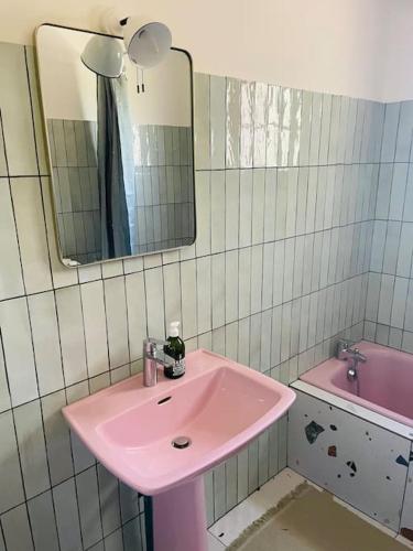 La salle de bains est pourvue d'un lavabo rose et d'une baignoire rose. dans l'établissement Maison Cian en Provence, à Tavernes