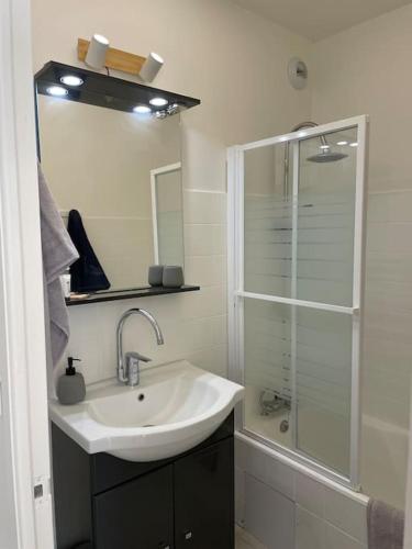 une salle de bain avec un lavabo et une douche en verre dans l'établissement L'Oranger, à Beg-Meil