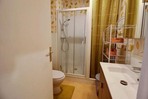 Un baño con ducha, inodoro y lavabo. en Annonce professionnelle. Agréable Studio cabine 4ème étage front de mer, pour 3 personnes maxi à HARDELOT PLAGE., en Hardelot-Plage