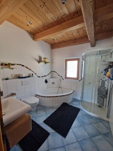 a bathroom with a tub and a toilet and a sink at Wohnung mit Garten in Pettenbach